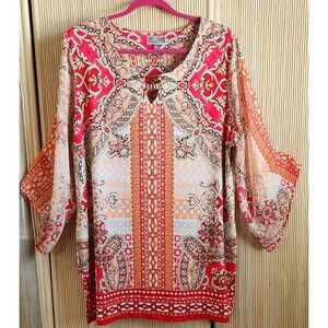 JM Collection Women's 2X Blouse Tunic Scoop Neck Flowing Sleeves Gold Bling EUC